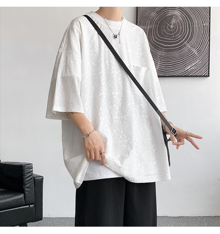 高弹提花宽松街潮ins情侣中性风短袖T恤男大码男士百搭半袖薄款详情11