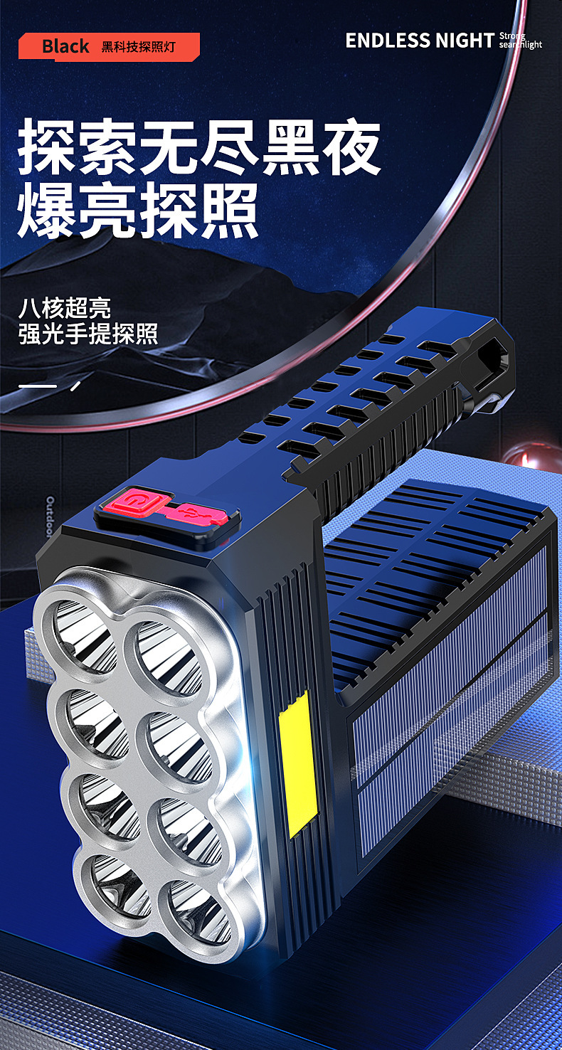 跨境8灯珠led多功能强光手电筒COB侧灯户外便携家用USB充电手电筒 pic 1