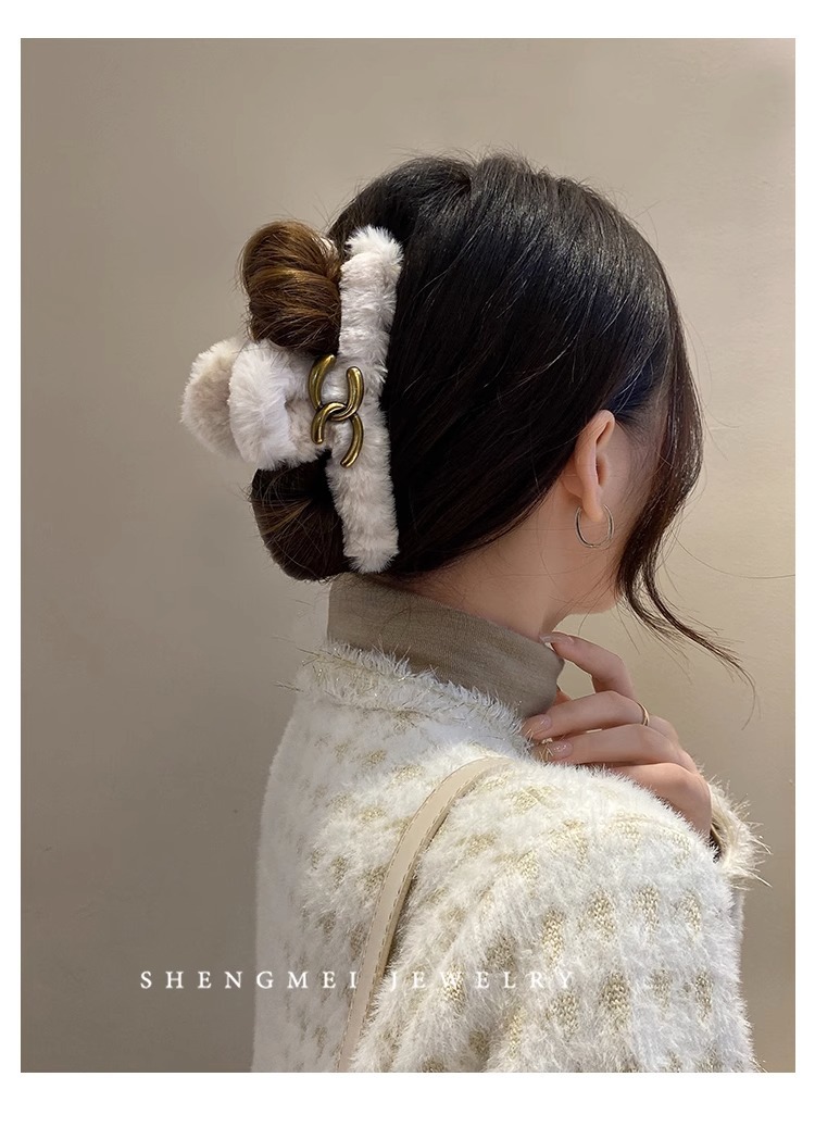 复古风情~大号抓夹高级感毛绒发夹女后脑勺优雅气质鲨鱼夹子头饰详情6