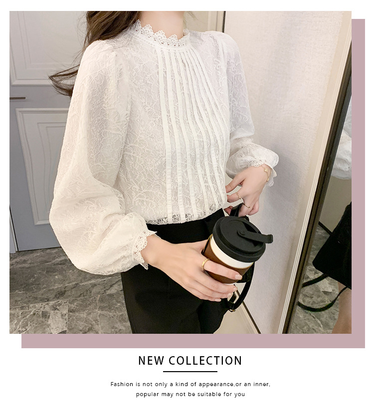 New Chinese-style in-stock real photos of the autumn new Korean-style versatile semi-high-neck lace base shirt for women. Pair it with a lace shirt inside pic 16