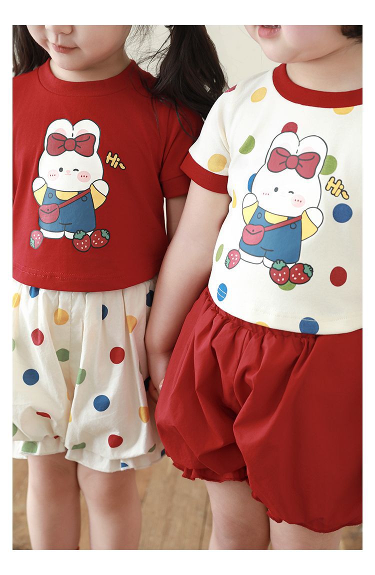 吾里卜一 女童小兔印花半袖T恤2024夏季儿童甜美可爱撞色短袖体恤详情10