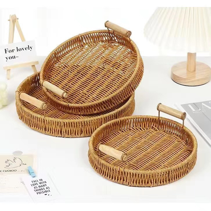 仿藤水果盘手工编织日式面包篮馒头筐客厅家用收纳筐藤编双耳托盘详情1