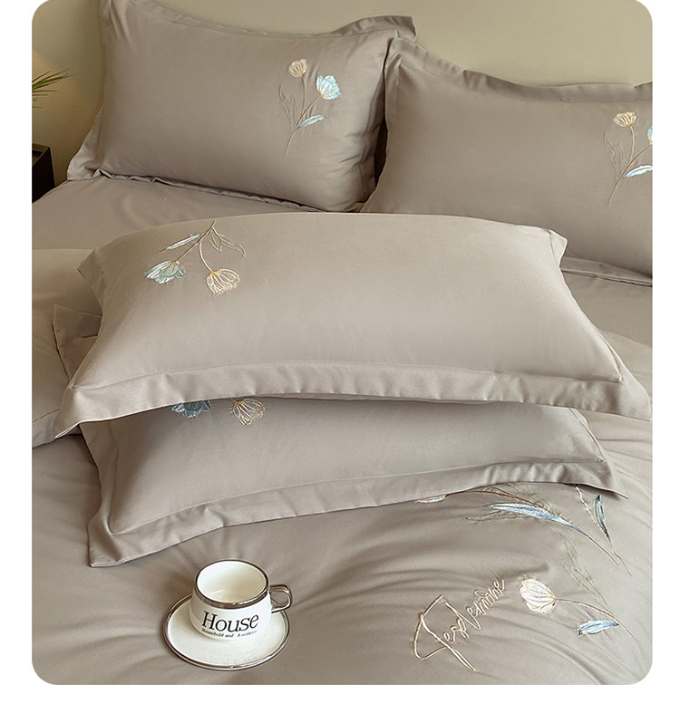 Nantong Home Textile solid color embroidered bedding four-piece set, brushed washed cotton Class a baby and mother grade quilt cover and bed sheet consignment pic 17