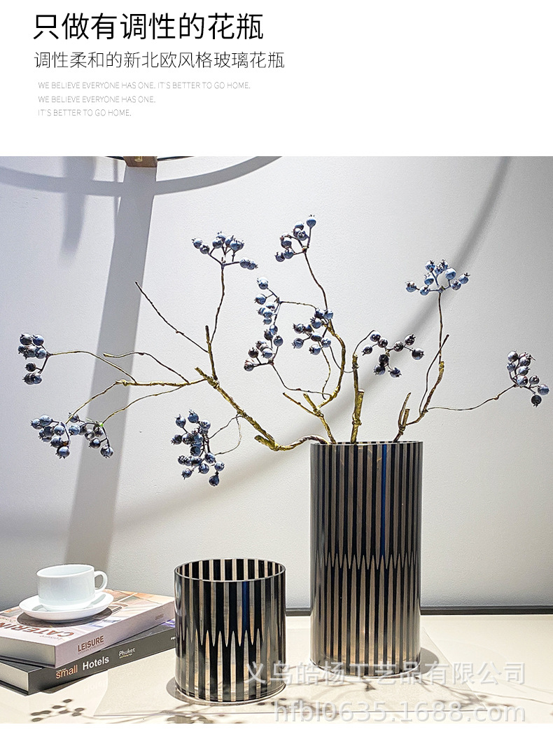 Handcrafted black striped frosted glass vases, hotel living room, entrance hall, model room, colorful flower vases for decoration, Ins-style home furnishings pic 7