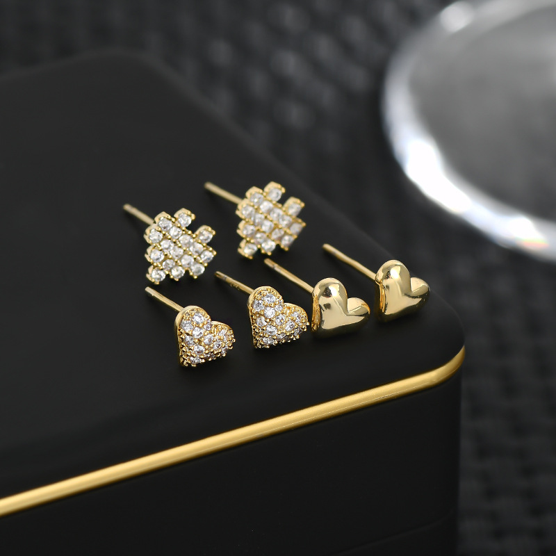 S925银针一卡三对套装耳钉女小众设计感爱心小耳饰睡觉不用摘耳坠详情7