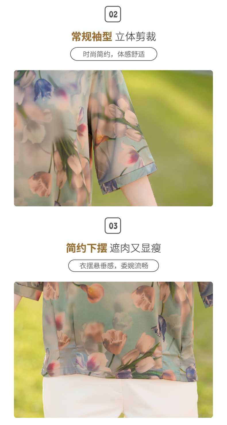 New fashionable chiffon short-sleeved T-shirt for middle-aged and elderly mothers in summer, elegant top for middle-aged women, and trendy floral mini shirt pic 48
