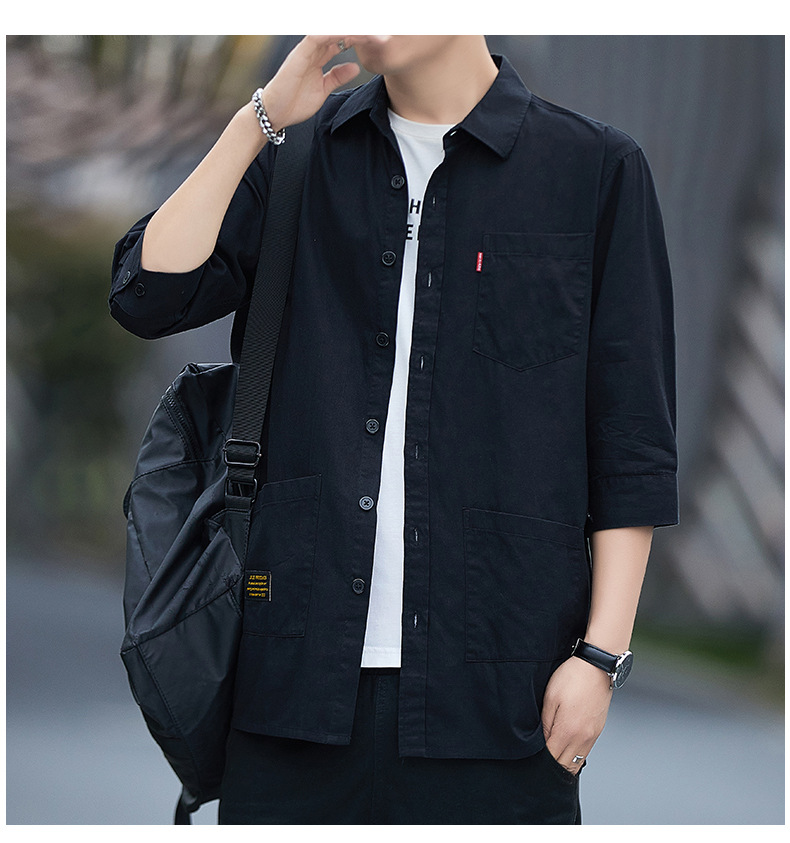 夏季男式衬衫 100棉七分袖宽松透气纯色青春潮流日系工装青年衬衣详情16