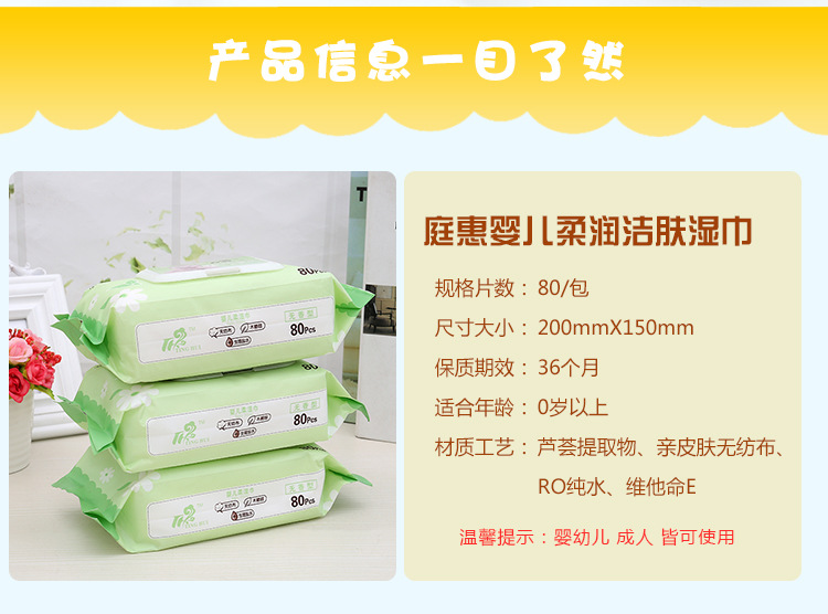 [小额定制]宝宝湿巾 婴儿柔润洁肤湿巾 带盖80抽加厚柔润详情2