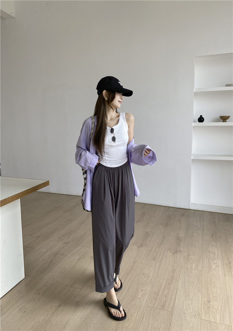 日系休闲裤子女夏薄款高腰显瘦遮肉阔腿直筒哈伦裤女速干裤九分裤详情10