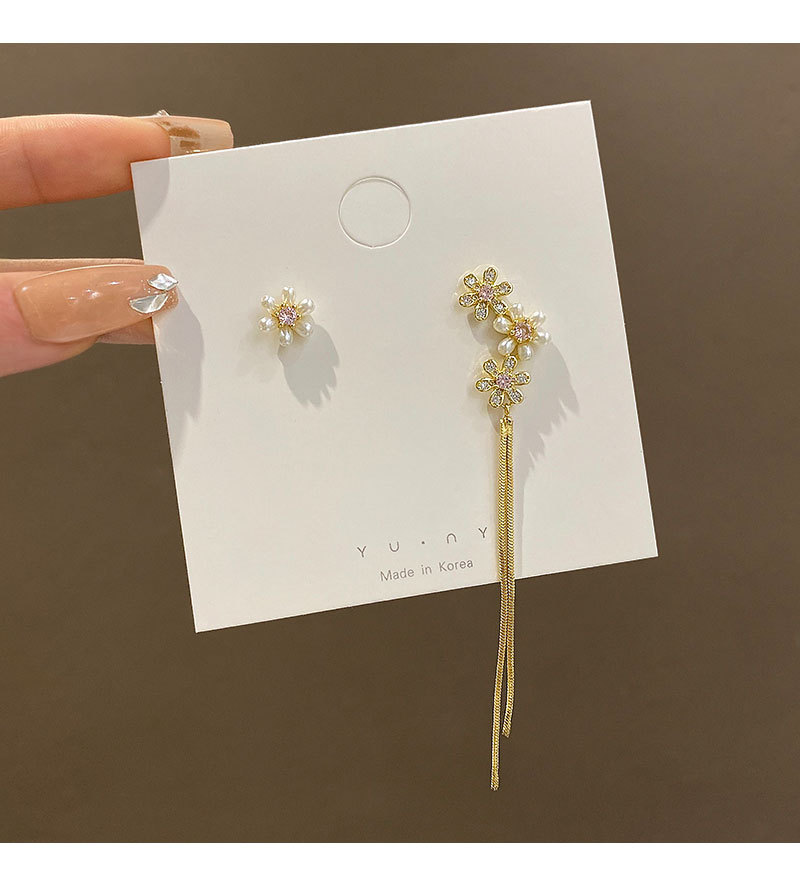 S925银针不对称珍珠花朵耳环女轻奢高级感流苏长款耳钉耳饰品批发详情18