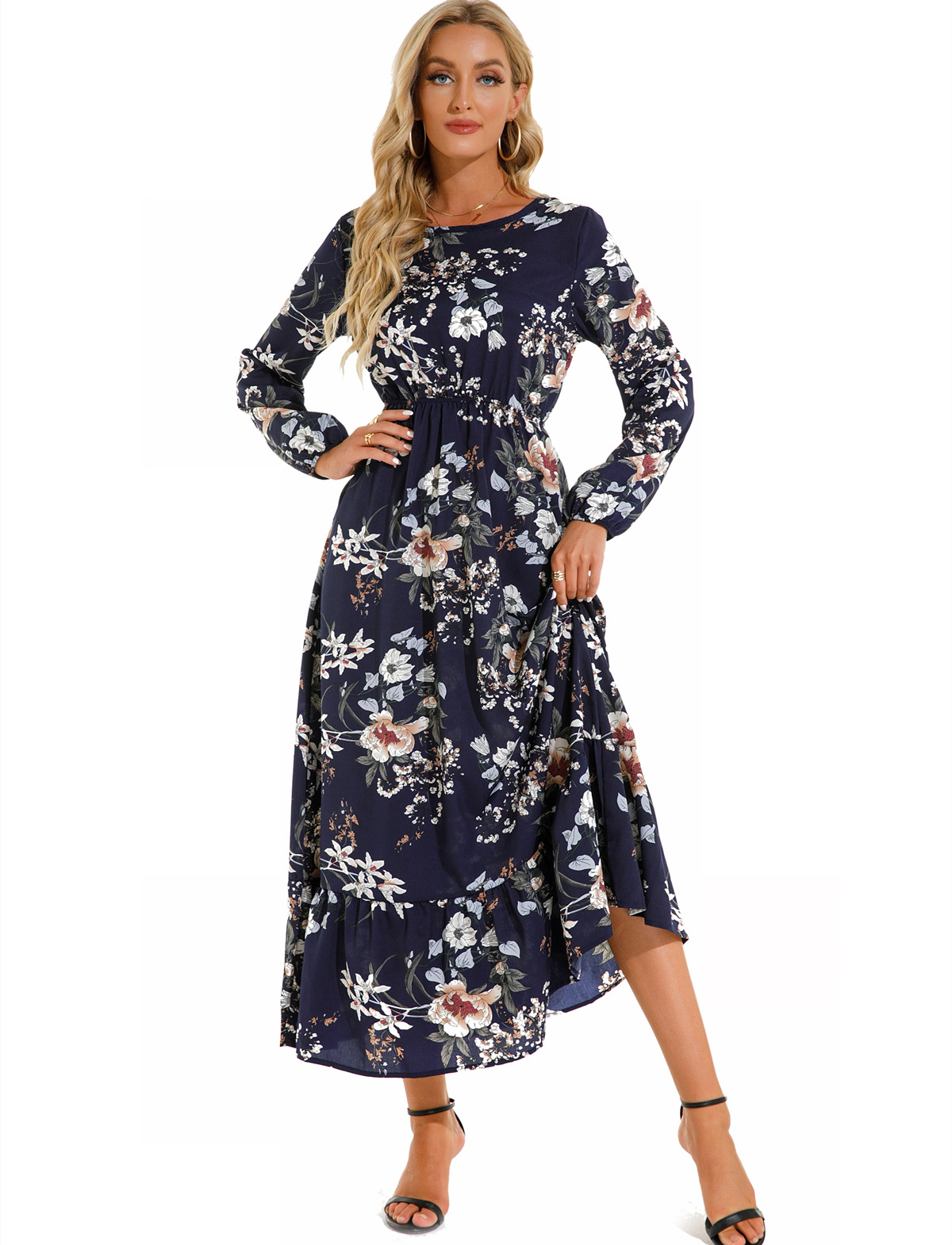European and American floral long, round-neck, long-sleeved, waist-cinching and slimming dress pic 51