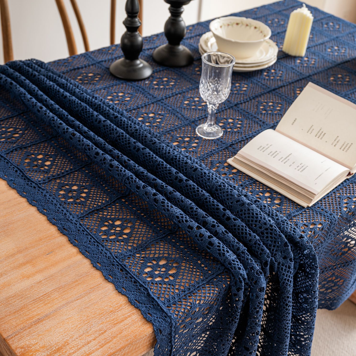 Cross-border hollowed-out hidden deep blue tablecloth, retro crochet photo art book, personalized cotton thread woven tablecloth cover pic 10