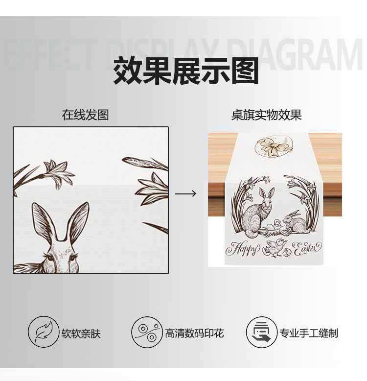 新款复活节兔子印花桌旗节日厨房餐桌装饰台布垫茶旗跨境亚麻桌布详情4