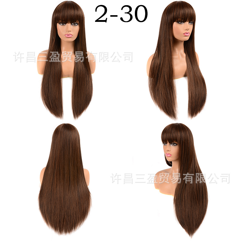 Wholesale of European and American cross-border wigs with straight bangs and long, straight hair made of high-temperature synthetic fiber pic 4