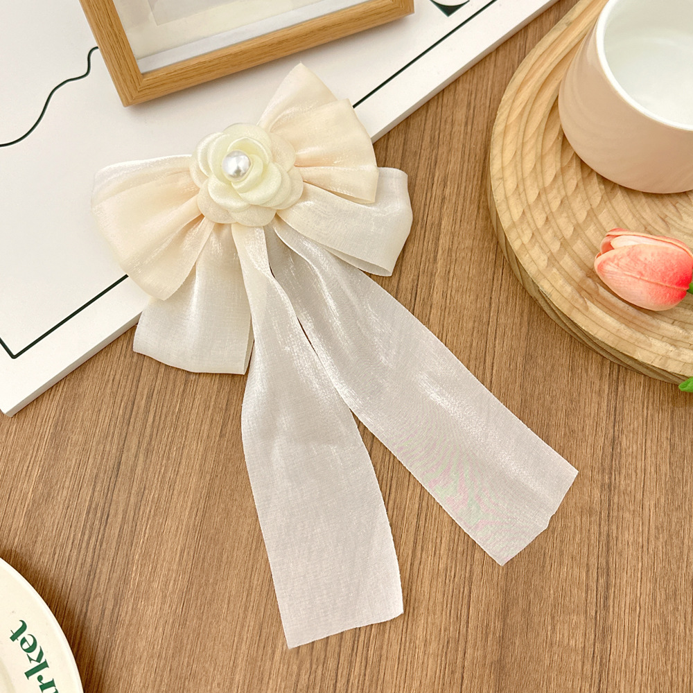 法式雪纺珍珠山茶花蝴蝶结发夹 珠光缎面甜美仙气弹簧夹不伤发头饰 手腕花装饰精致女士礼物详情5