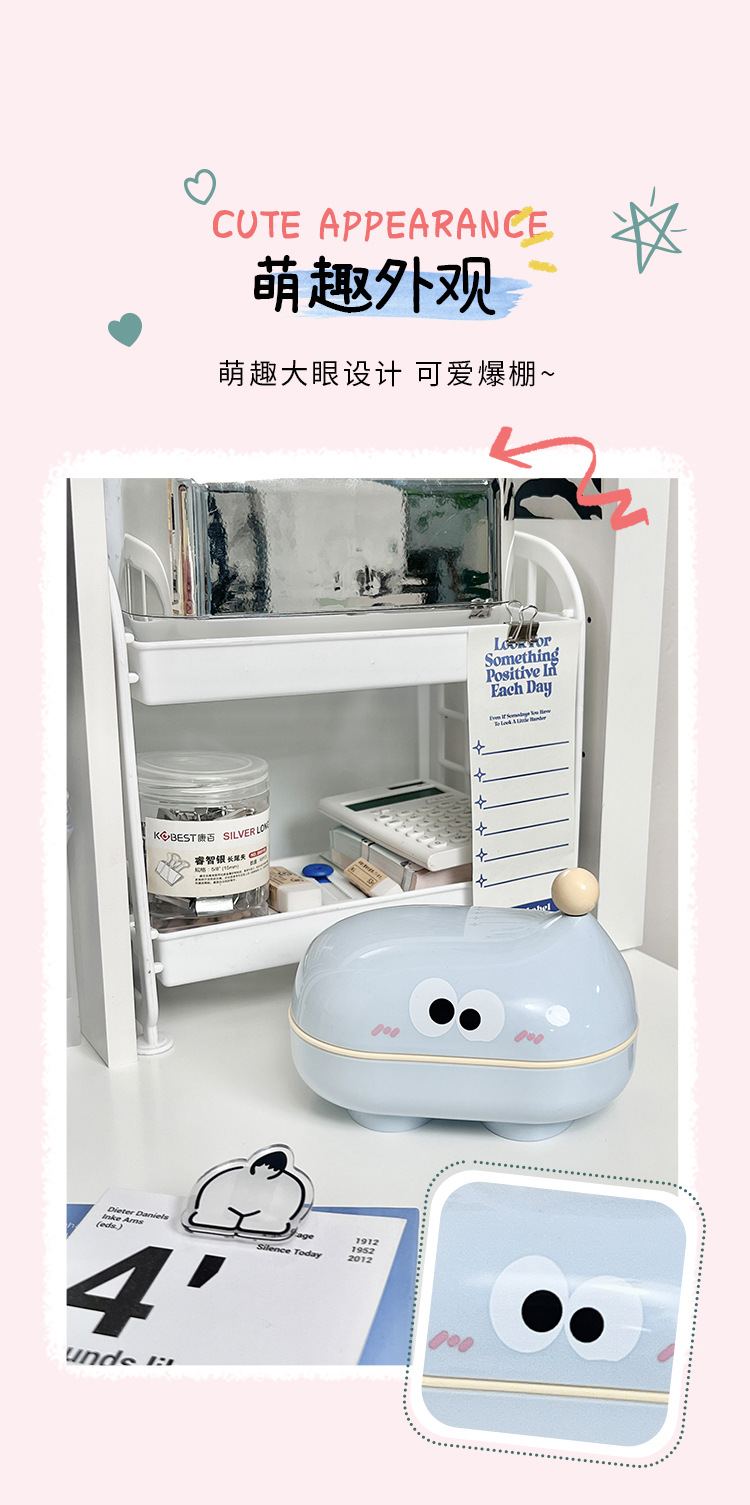 New cute flip-top soap box with big eyes, household draining laundry soap box with lid, cartoon student dormitory soap box pic 4