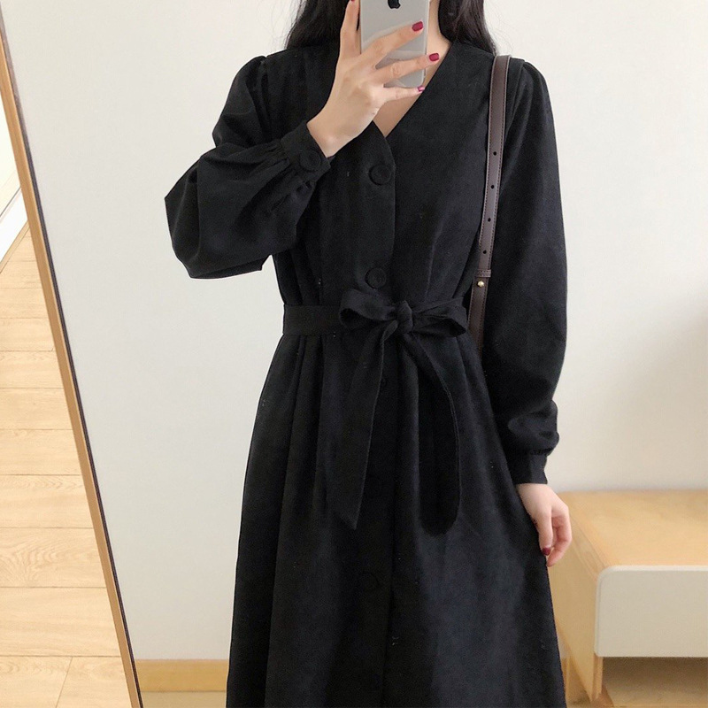 法式复古黑色收腰V领连衣裙女秋季灯芯绒系带显瘦赫本风小黑裙详情24