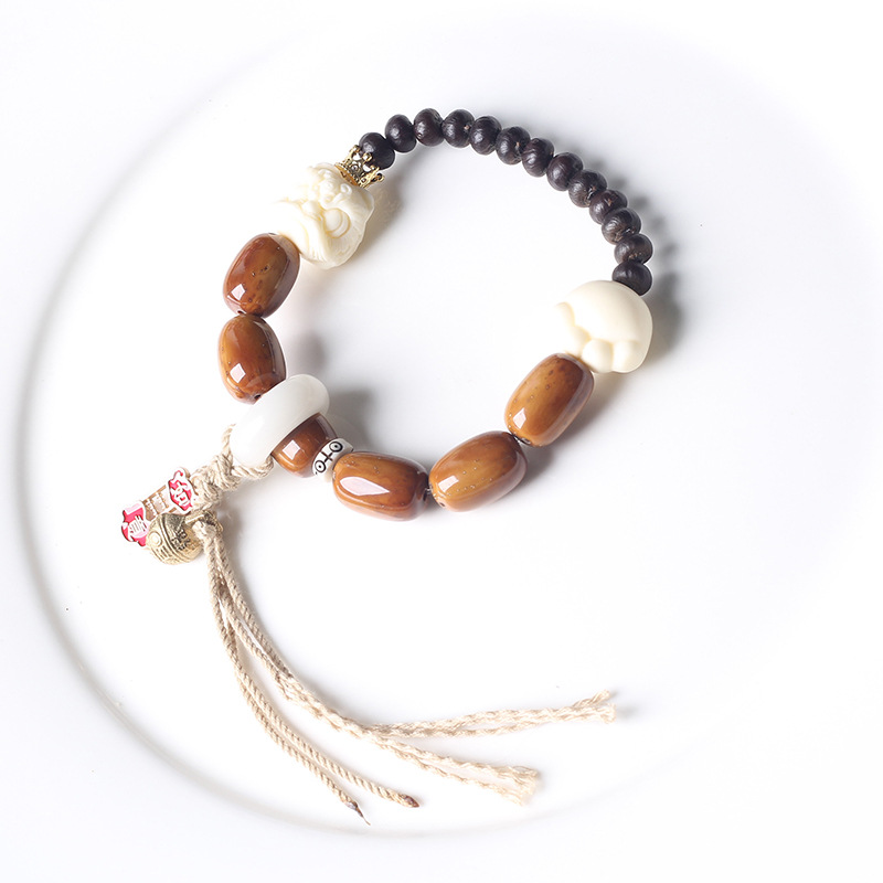 民族风白玉菩提跑环手串紫金鼠象牙果醒狮手链单圈文玩手饰品详情5