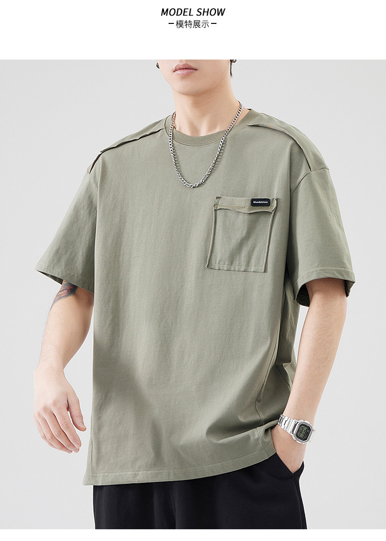 古川男装|日系复古拼接全棉短袖男士宽松大码简约纯色百搭体恤男详情6