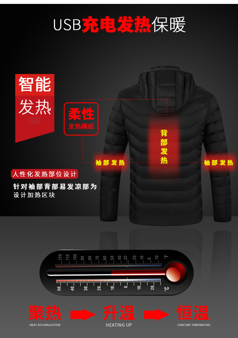 厂家直销USB智能双控发热服男女冬季连帽薄款棉衣碳纤维加热外套详情11