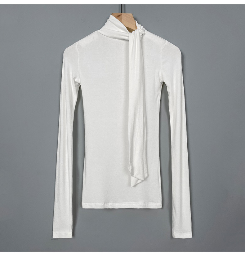 女人味飘带紧身高领长袖T恤女 韩国东大门新款温柔奶油粉女式上衣详情17