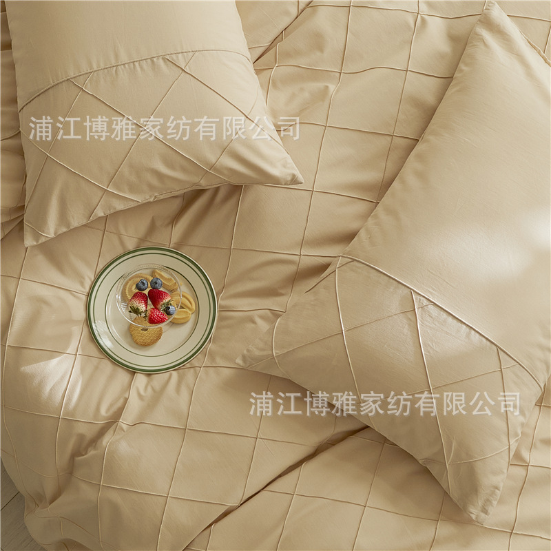 Wholesale of high-quality three or four-piece sets of washed cotton 40-count hand-knitted rhombus-shaped checkered plain pure cotton bedding pic 18