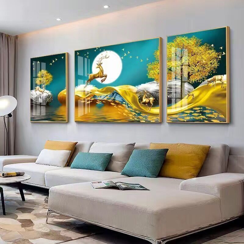 The living room is decorated with a three-panel painting, the bedroom has a sofa background, wall paintings, light luxury room hanging paintings, crystal porcelain paintings, and Nordic murals pic 8