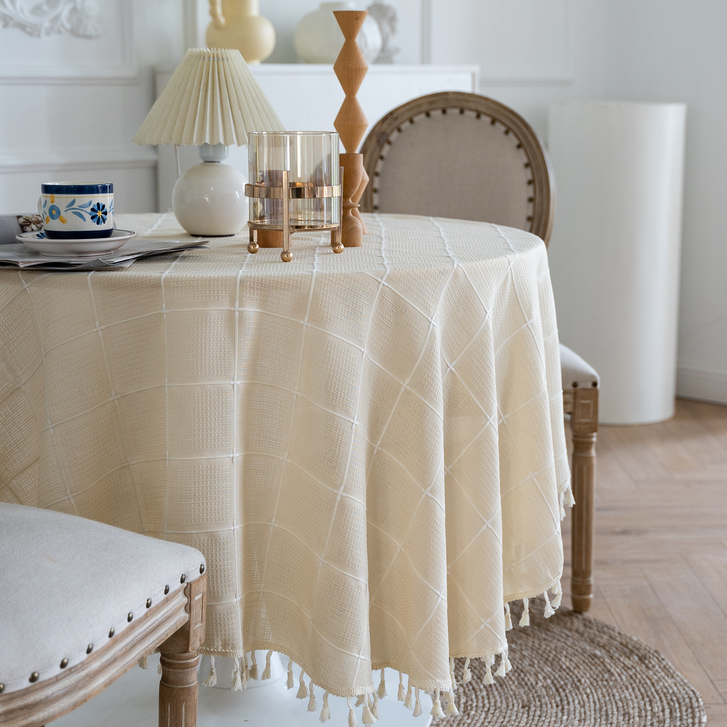 Cross-border TEMU Xiyin round table cloth, Japanese cream white tassel tablecloth, table cloth, cover cloth, Amazon factory wholesale pic 38