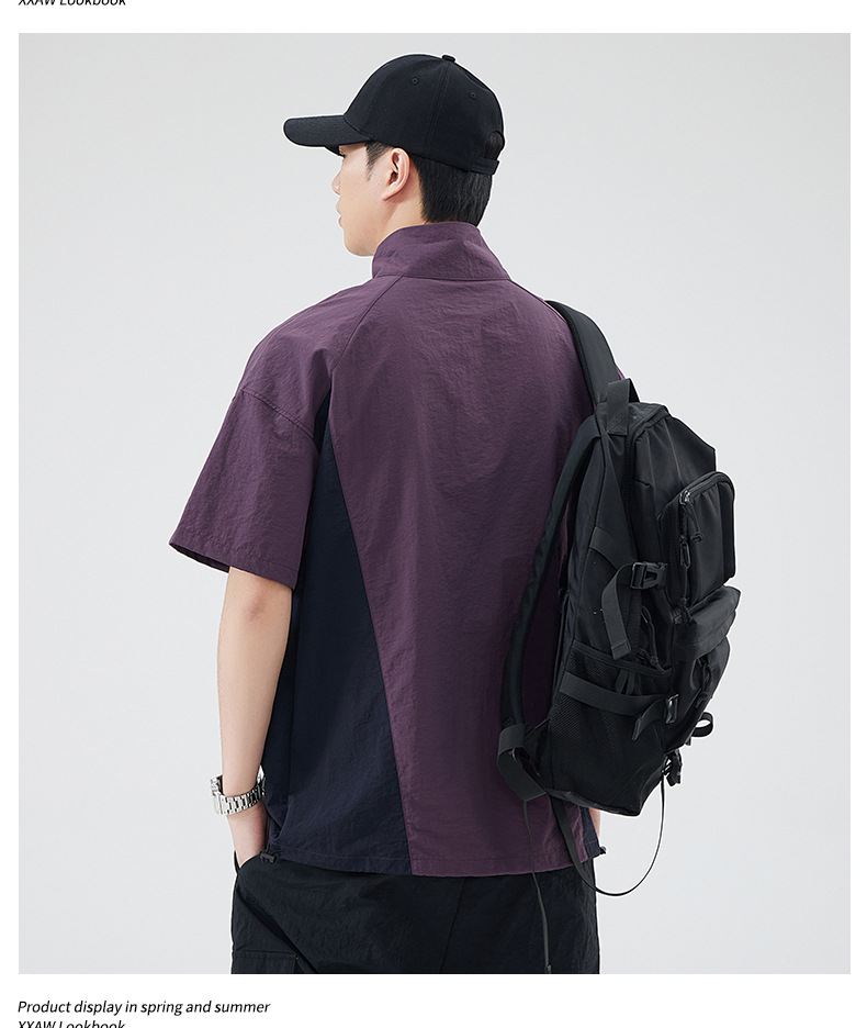 美式工装短袖t恤男士夏季大码潮牌立领拉链体恤半袖男详情17