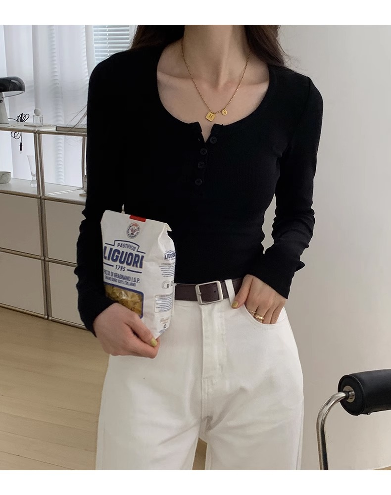 白色长袖t恤女2023秋装新款女装内搭上衣正肩体恤螺纹V领打底衫详情22