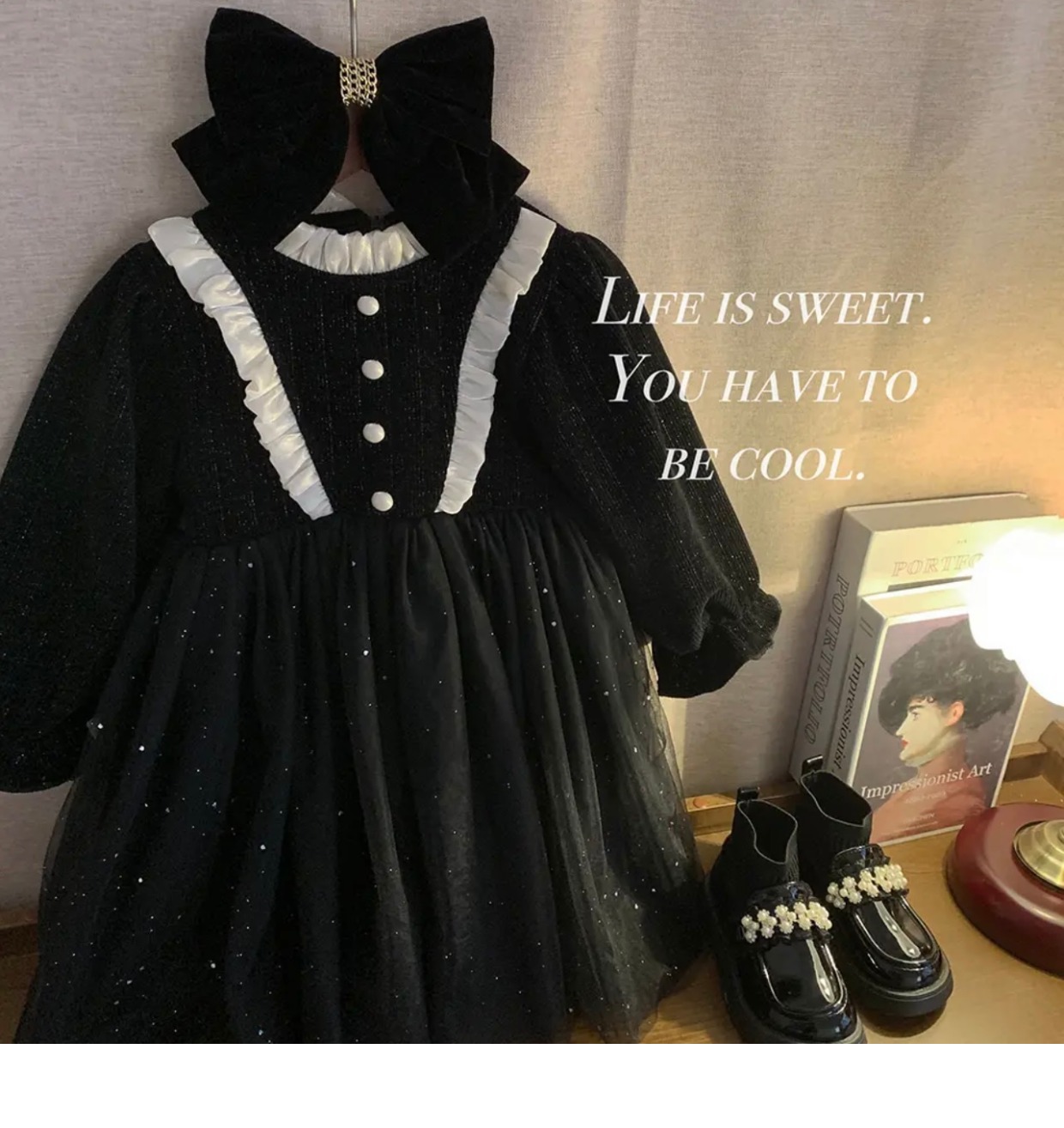 柠里女童冬装加绒连衣裙子洋气女童新年装红色年服丝绒中童连衣裙详情4