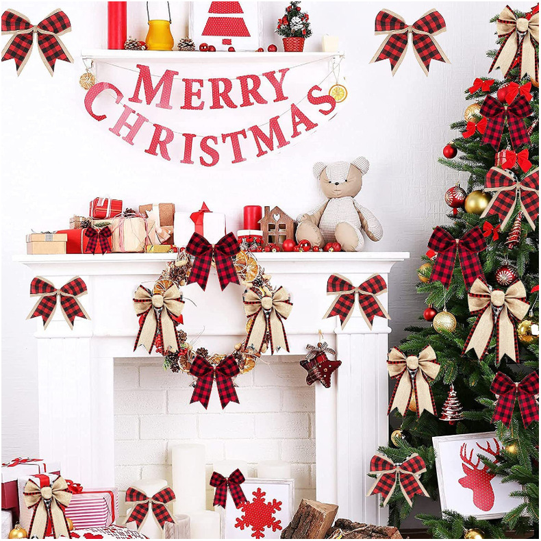 美丝源直销亚玛逊红黑格子蝴蝶结圣诞part装饰丝带格子蝴蝶结详情11