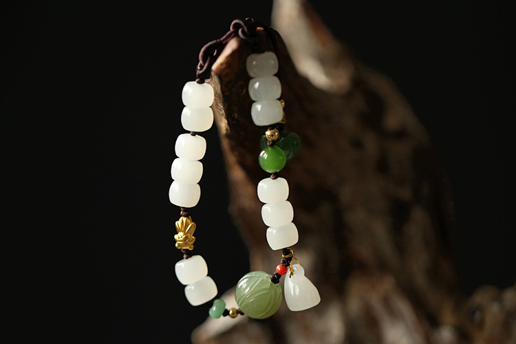 Pure gold Handcrafted series 999 pure gold small goldfish hand-woven natural old material Hetian jade lotus bead bracelet pic 6