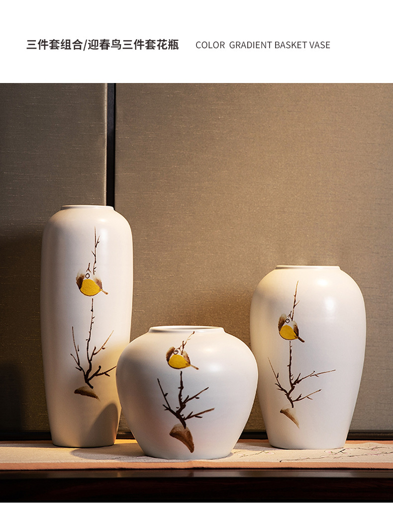 Jingdezhen ceramic hand-painted Spring bird vase, tea room decoration, dried flower arrangement, living room three-piece set decoration pic 2
