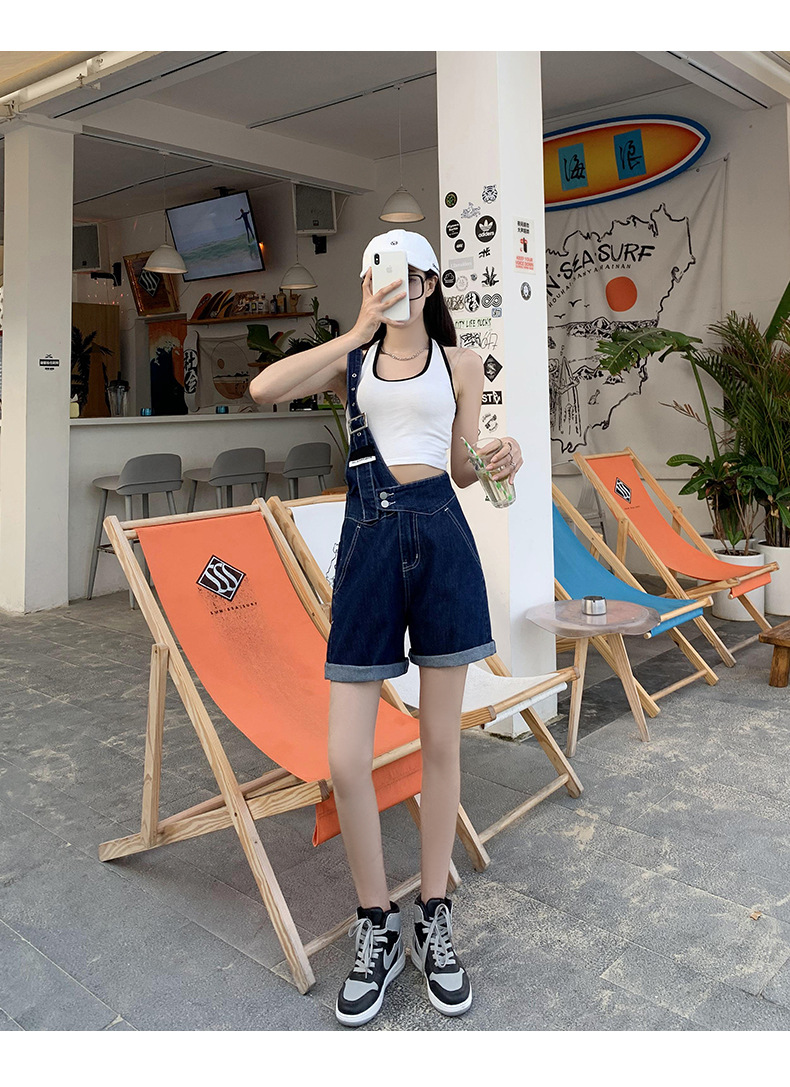Summer retro salt single-shoulder overalls for women 2021 new style fashionable and youthful thin denim shorts, Korean style loose pic 20
