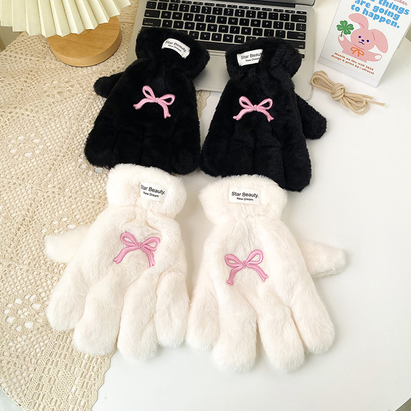 五指蝴蝶结手套女冬天加绒加厚保暖可爱分指冬季学生骑车开车围巾详情5