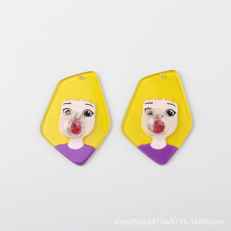Cartoon fashion bubble-blowing girl semi-transparent acrylic sheet diy handmade patch jewelry earring accessory materials pic 3