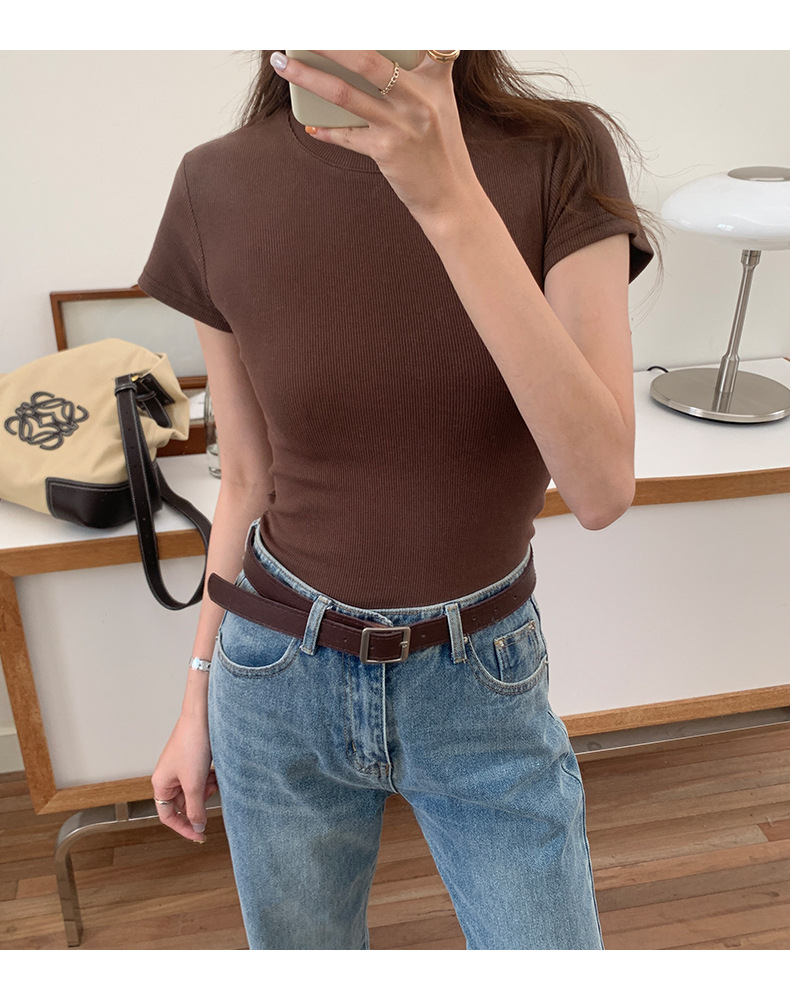 European and American style ribbed off-the-shoulder T-shirt for women, new summer style, slimming and figure-hugging, round-neck, layering short base layer pic 16