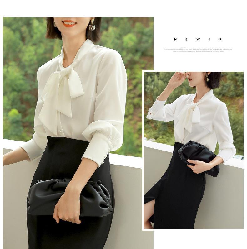 百薇秋季新品飘带女式衬衫潮流蝴蝶结女装通勤风纯色开衫系带上衣详情9