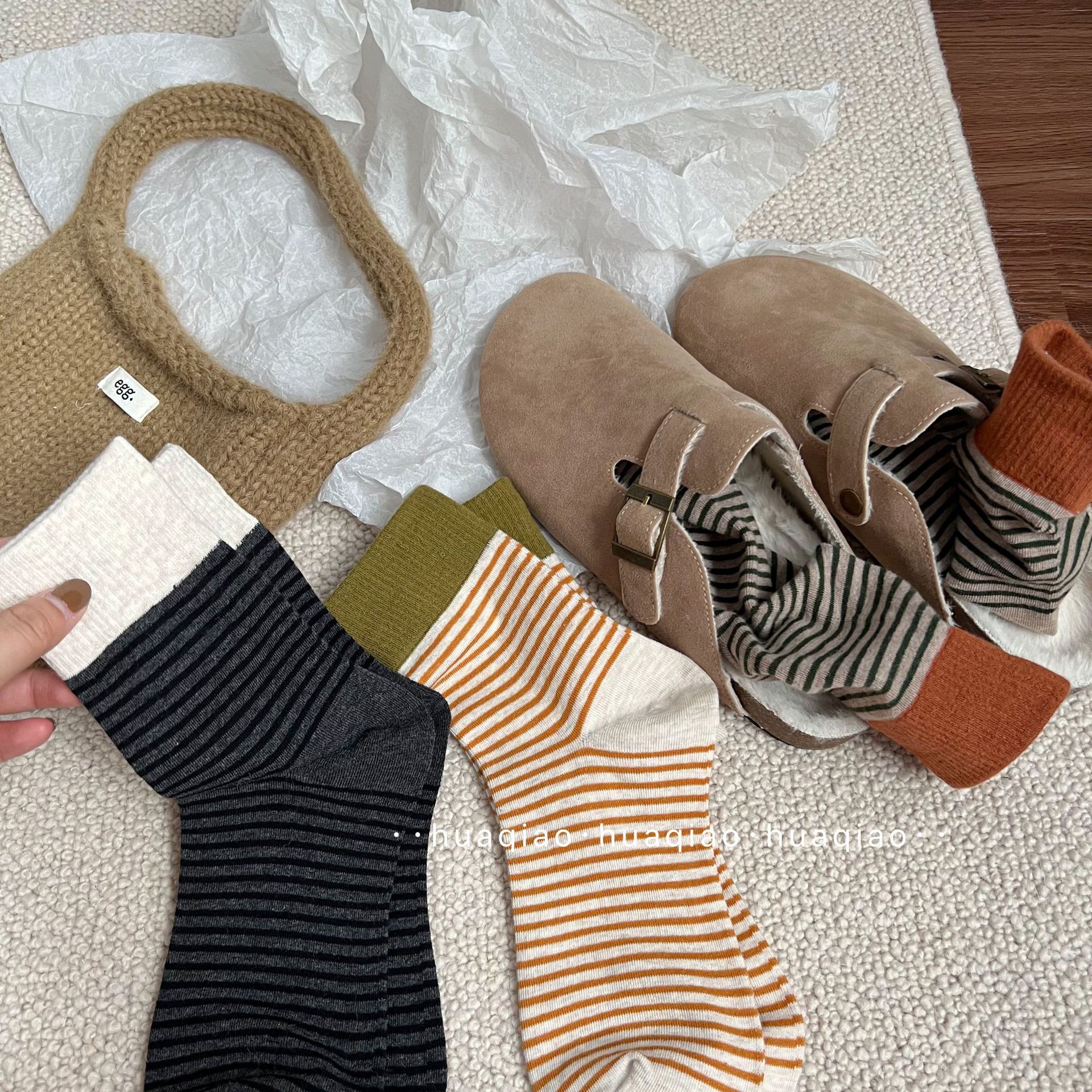 美拉德ins东大门撞色罗口条纹袜秋冬季堆堆袜休闲中筒袜女生袜子详情12