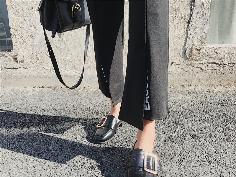 High-waisted, letter-printed black, slightly flared, fashionable, slit straight 9-inch casual pants pic 2