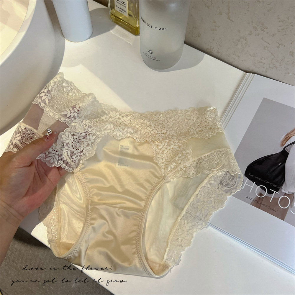 蕾丝内裤女士法式缎面高级~中腰奶油性感纯欲少女高腰提臀三角裤详情3