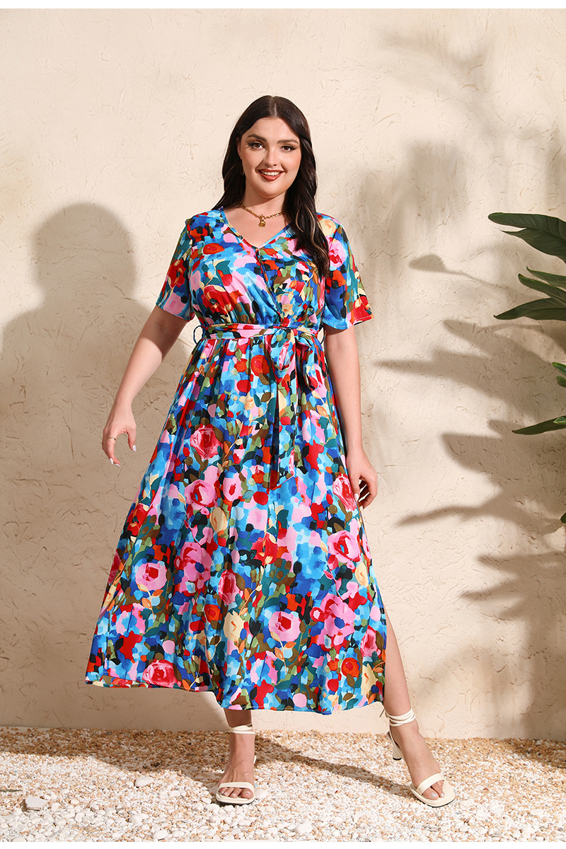 2024 Cross-border new French-style elegant plus-size dress with a V-neck, short sleeve and cinched waist, featuring a simple floral design pic 34