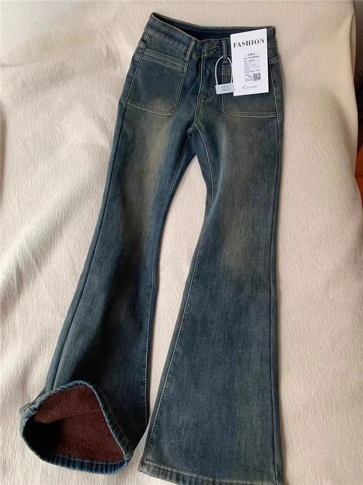 加绒牛仔裤女2024秋冬水泥灰大码胖mm美式复古马蹄裤高腰微喇叭裤详情9