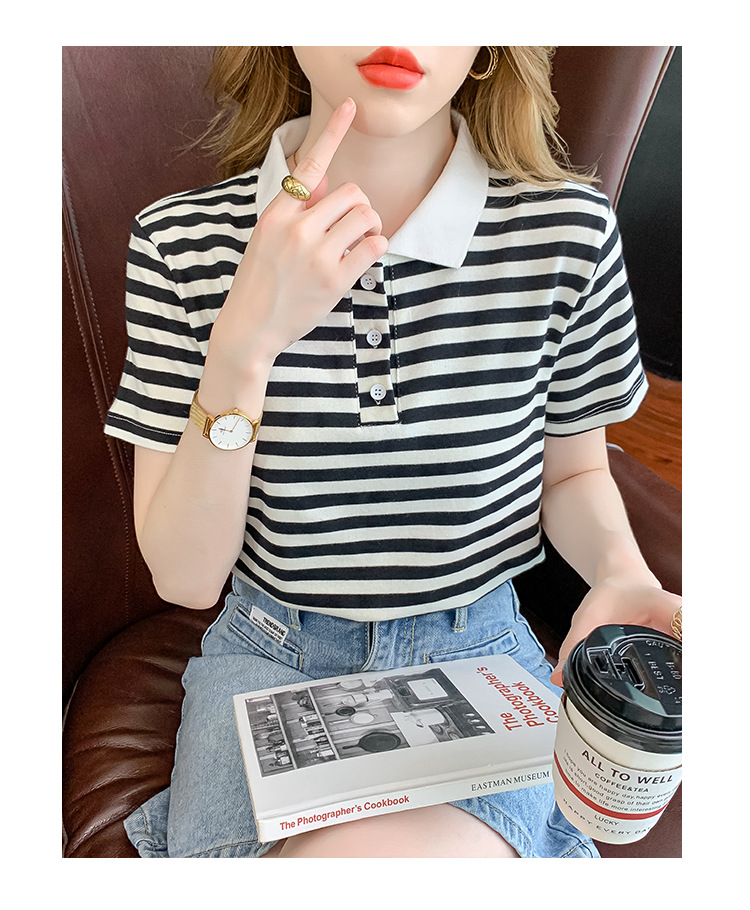 Verano coreano versión rayas mujer commuter patchwork color polo cuello manga corta camiseta mujer diseño sentido moda legging pic 27