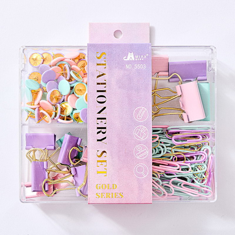 Macaron-colored large flat four-compartment box, golden stationery set, book holder, thumbtack, paperclip combination, small stationery set pic 1