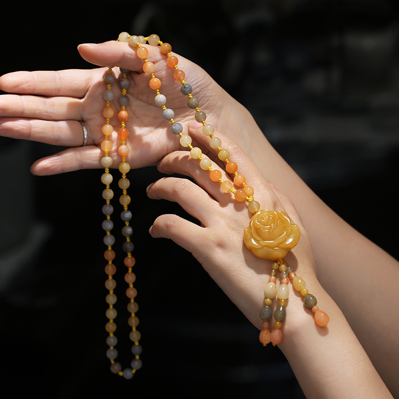 Retro ethnic style gold thread jade round bead necklace, sweater chain, long tricolor jade pendant, factory direct sales pic 3