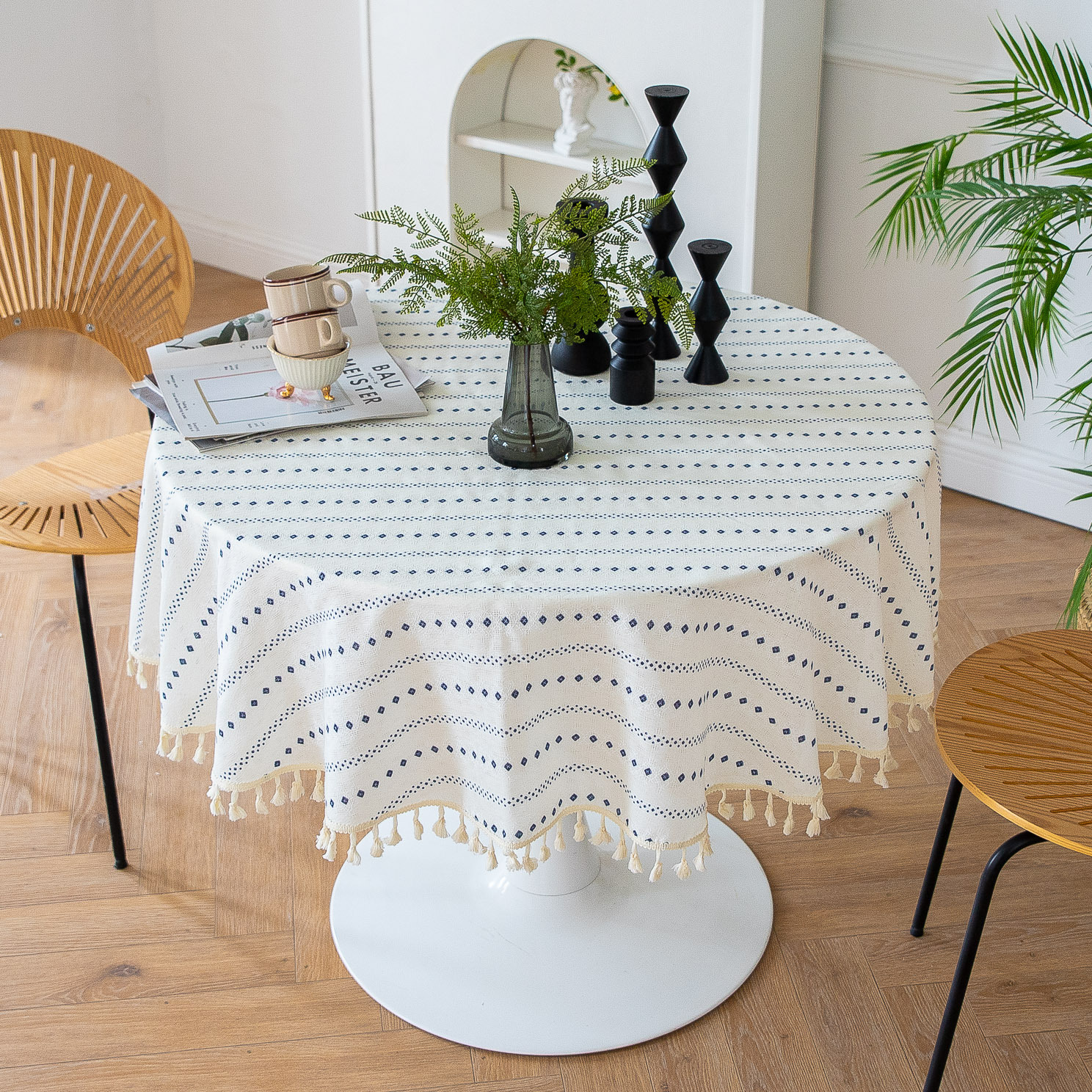 Cross-border Amazon Japanese plain tablecloth, Japanese fresh and light blue striped pure cotton and linen tablecloth and desk cover pic 4