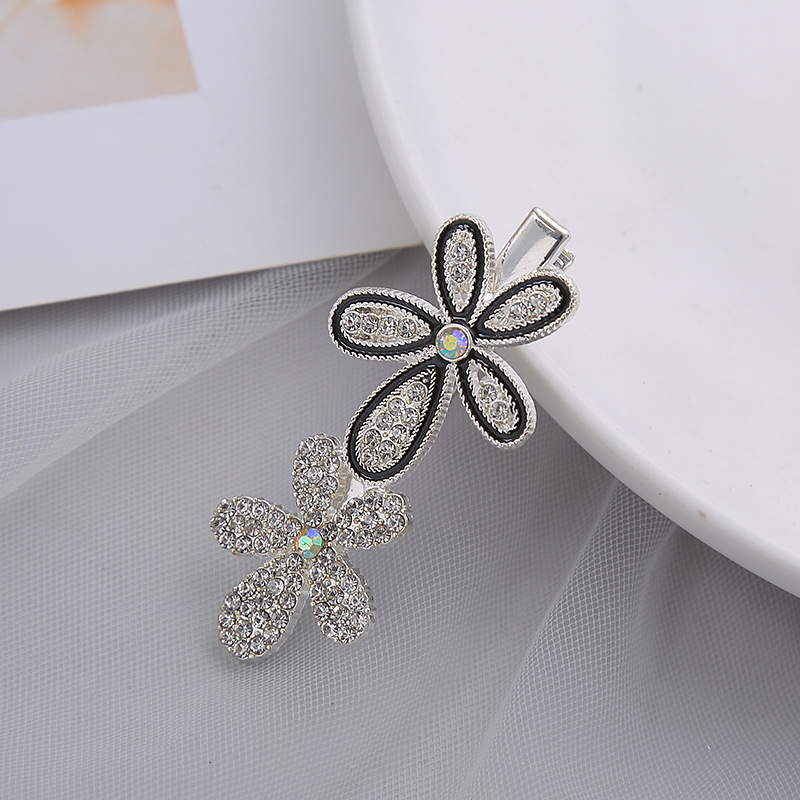 韩国黑色滴油双花水钻发夹一字发卡子网红侧边夹气质少女刘海夹详情5