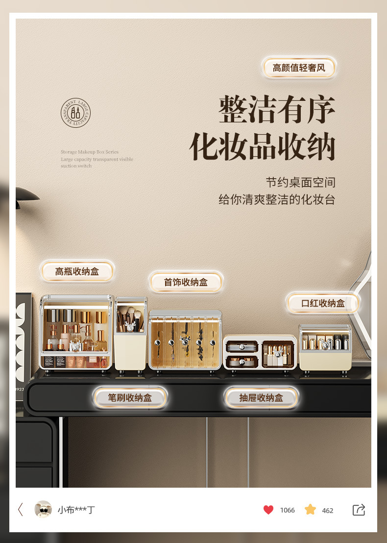 新款化妆品收纳盒高级桌面透明防尘罩口红护肤品首饰储物盒大容量01237-008详情3